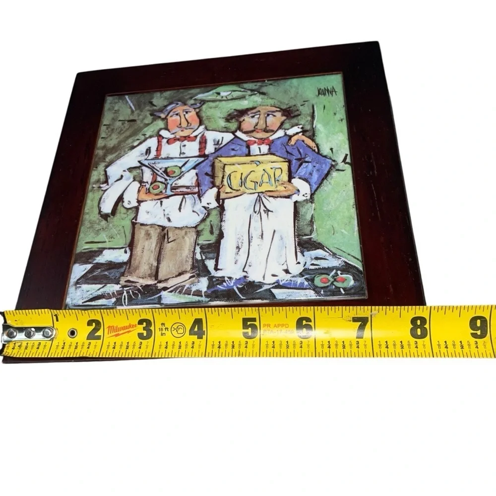 Vintage Framed Bartender Cigar Martini Art Tile – Signed by “Joanna” 8”x8” - Picture 9 of 12